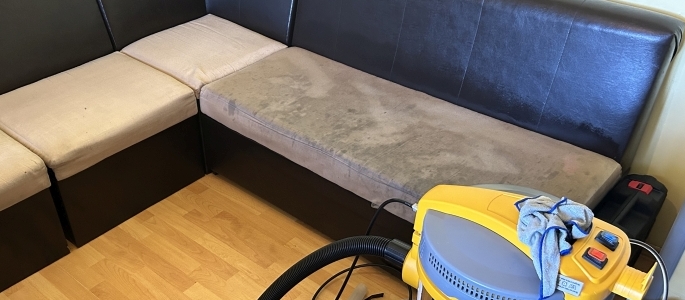 Пране на мека мебел - кухненски ъглов диван, 50 на 50 чисто и мръсно